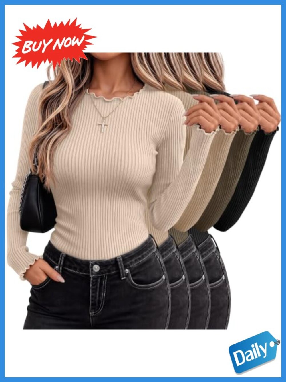 4 Pack Women's Long Sleeve Lettuce Trim Ribbed Slim Fit Crew Neck Tops